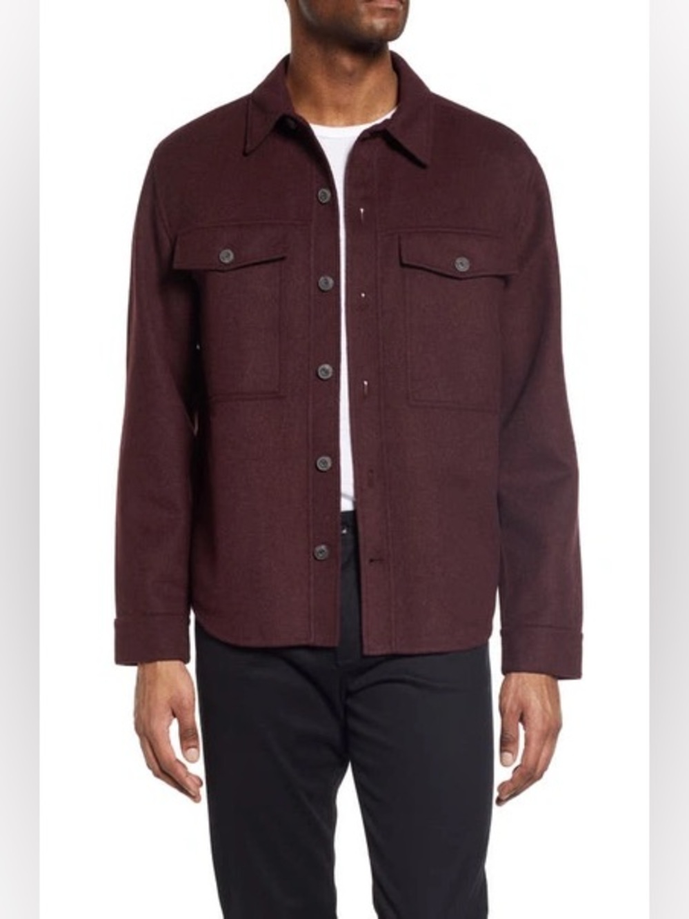 Vince Men’s Large Recycled Wool Blend Shirt Jacket Maroon Beet Root Brown